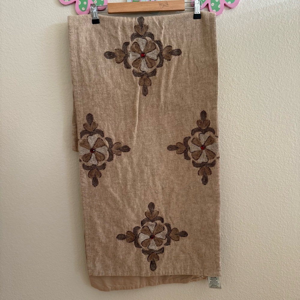 Pottery Barn Brown Embroidered Table Runner With Jewels